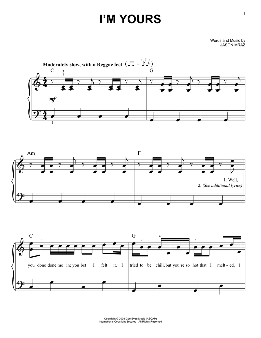 I'm Yours I'm Yours Easy Piano scores gallery preview page 1