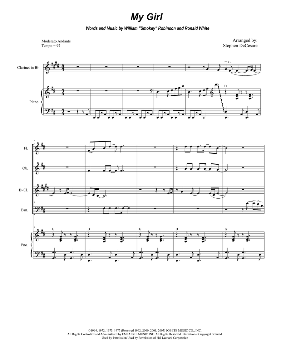 My Girl Woodwind Quartet scores gallery preview page 1