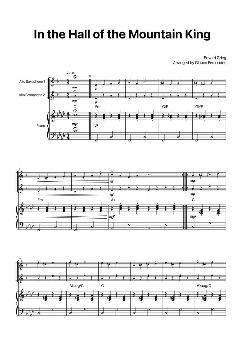 In the Hall of the Mountain King - Alto Sax Duet with Piano and Chord Notations image number null