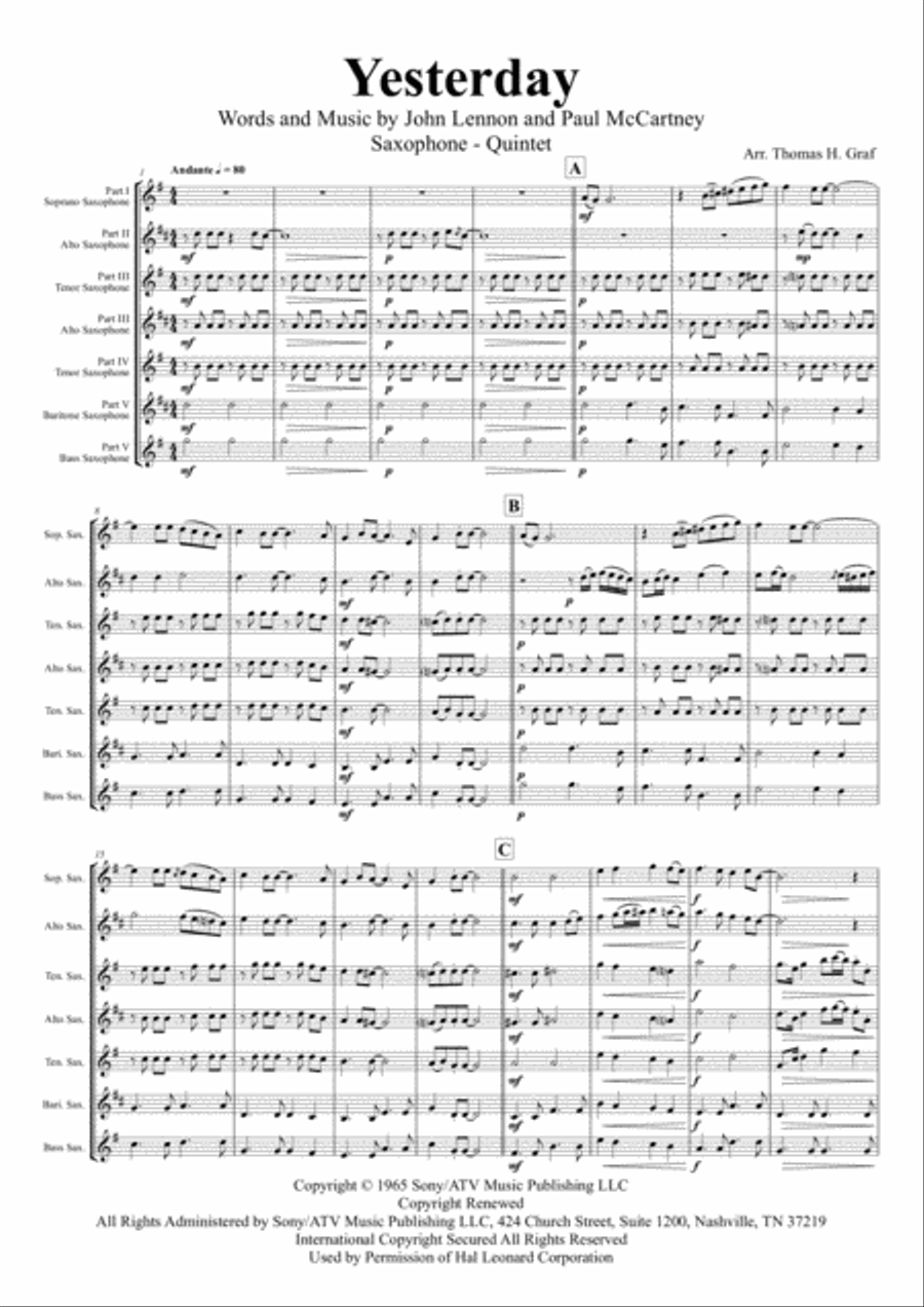 Yesterday Saxophone Quintet scores gallery preview page 2