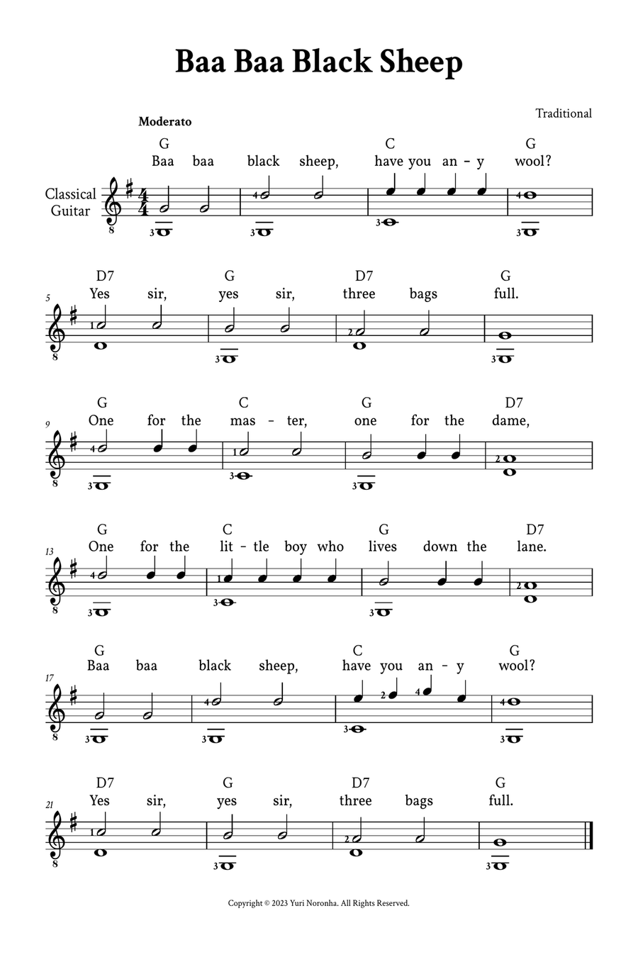 Baa Baa Black Sheep - Fingerstyle Guitar (with Chords and Lyrics) Acoustic Guitar scores gallery preview page 1