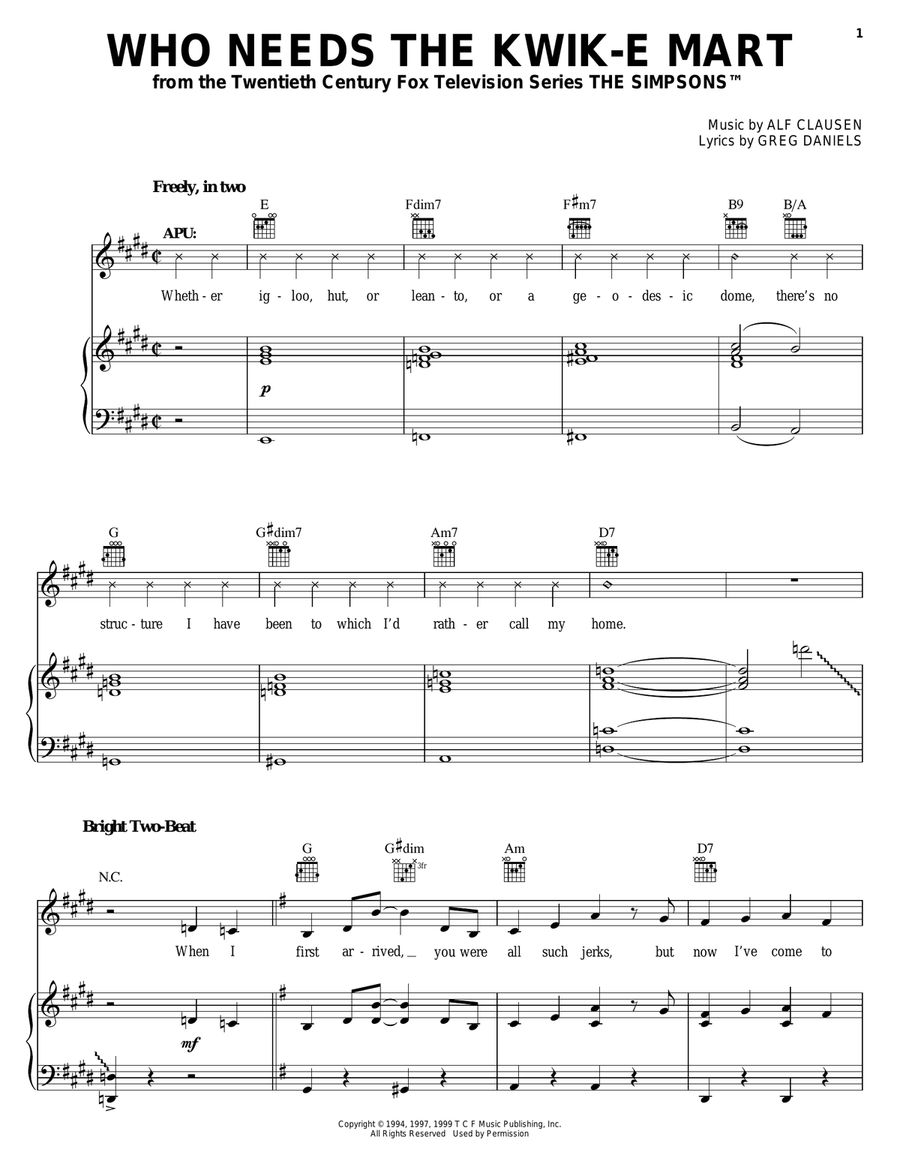 Who Needs The Kwik-E Mart Piano, Vocal, Guitar scores gallery preview page 1