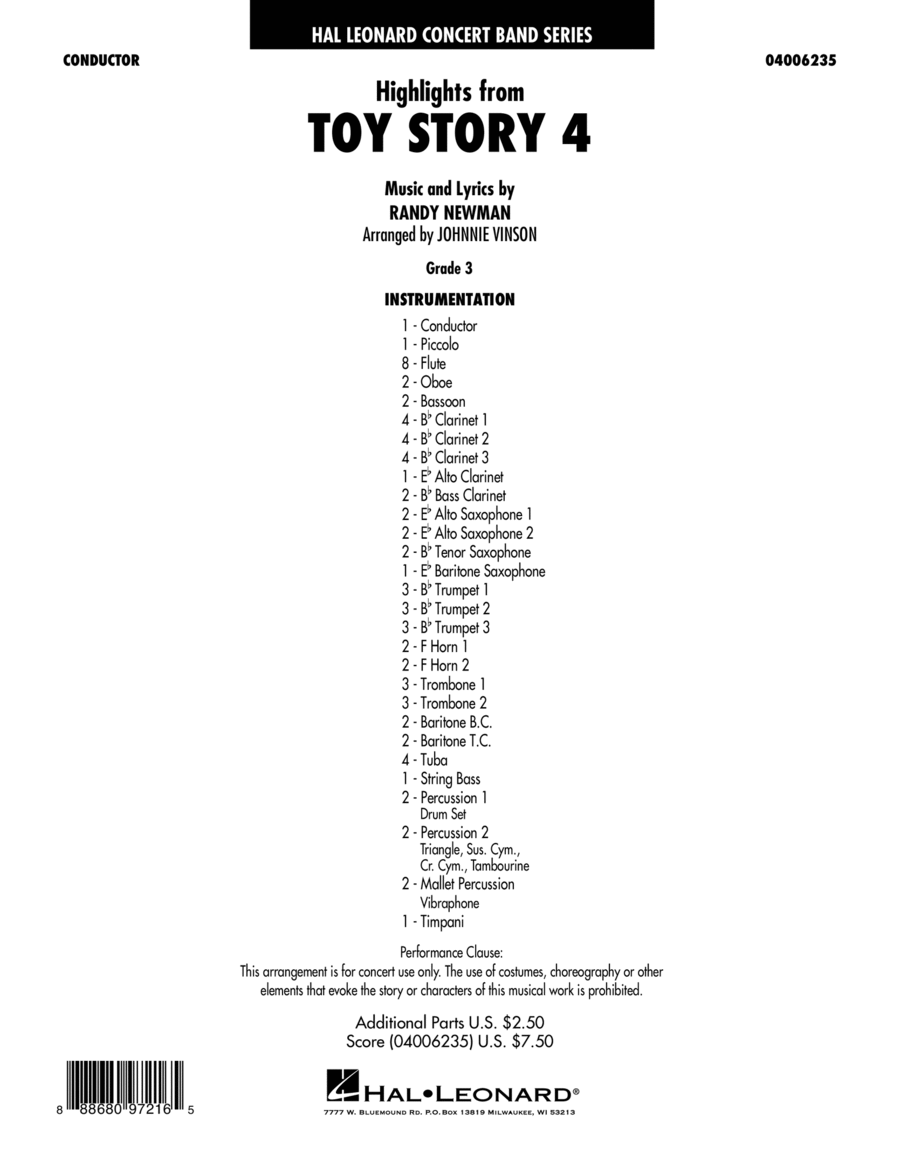 Highlights from Toy Story 4 (arr. Johnnie Vinson) - Conductor Score (Full Score) Concert Band scores gallery preview page 1