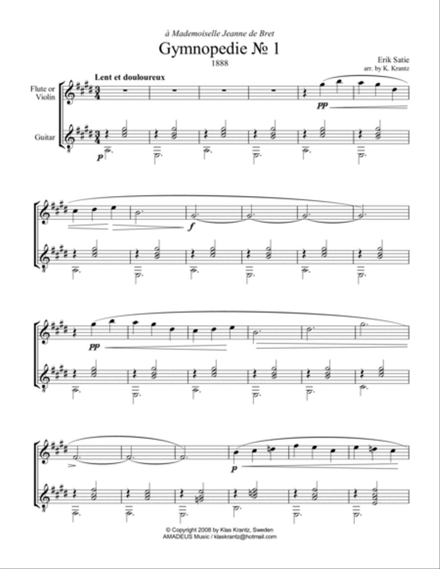 Gymnopedie 1 for flute or violin and guitar (E Major) Flute scores gallery preview page 2