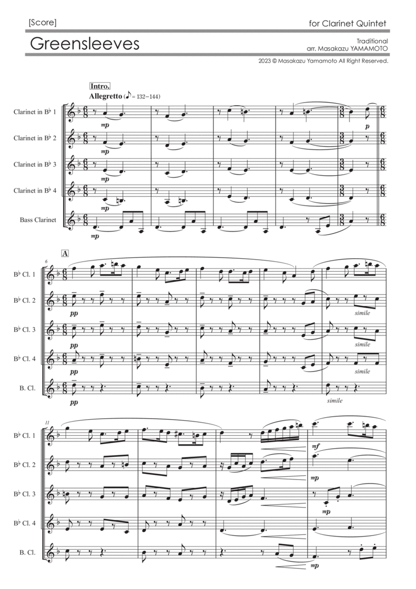 Greensleeves [Clarinet Quintet] - Score Only image number null