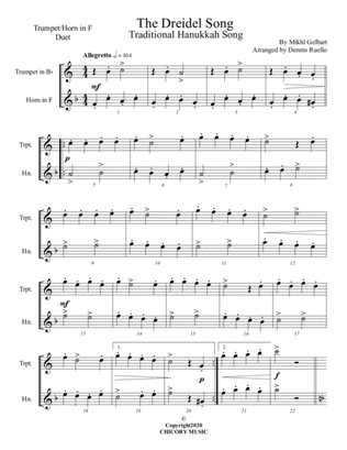 The Dreidel Song - Mixed Brass (Trumpet/Horn in F) Duet - Advanced Intermediate