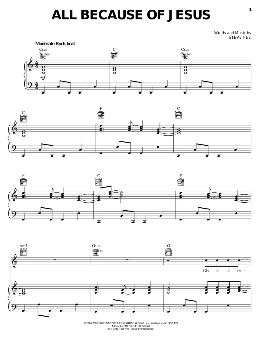All Because Of Jesus Piano, Vocal, Guitar scores gallery preview page 1