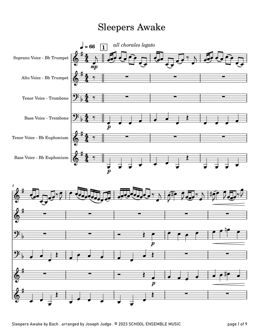 Sleepers Awake by Bach for Brass Quartet in Schools Brass Quartet scores gallery preview page 1