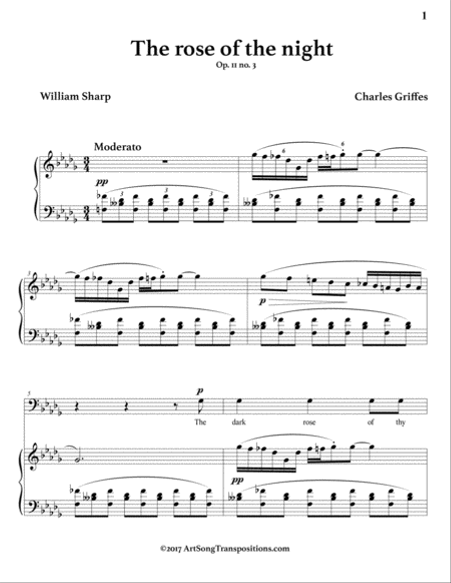GRIFFES: The rose of the night, Op. 11 no. 3 (transposed to B-flat minor, bass clef) Voice scores gallery preview page 2