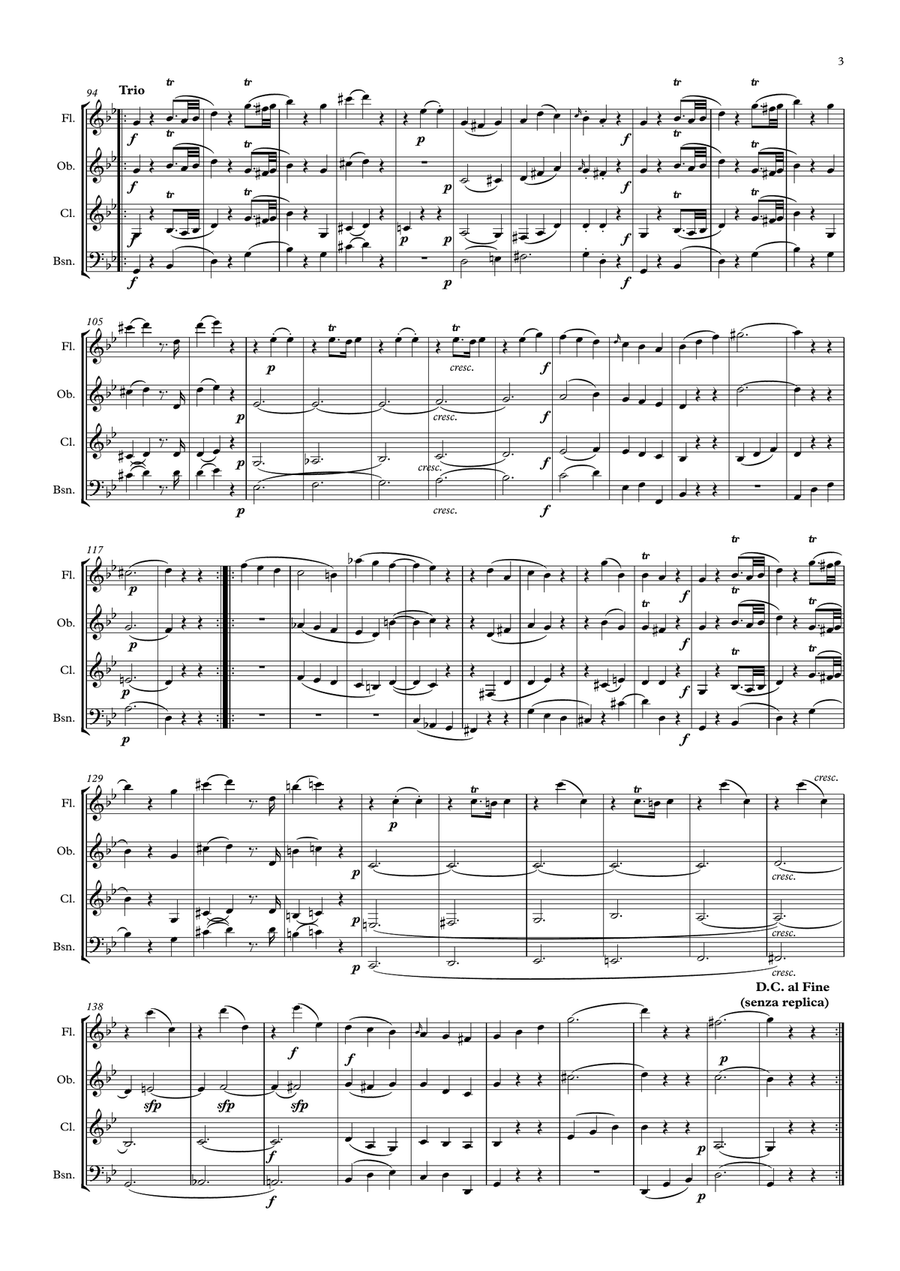 Mozart: String Quartet No.14 in C major K.387 (Spring) (Mvt.II Menuetto and Trio) - wind quartet Woodwind Quartet scores gallery preview page 3