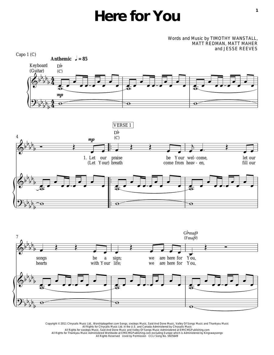 Here For You Piano, Vocal, Guitar scores gallery preview page 1