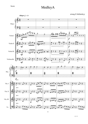 Medley A.Conjunt de 3 peses faciles per el piano amb acompanyament de orquestra de corda.General i p