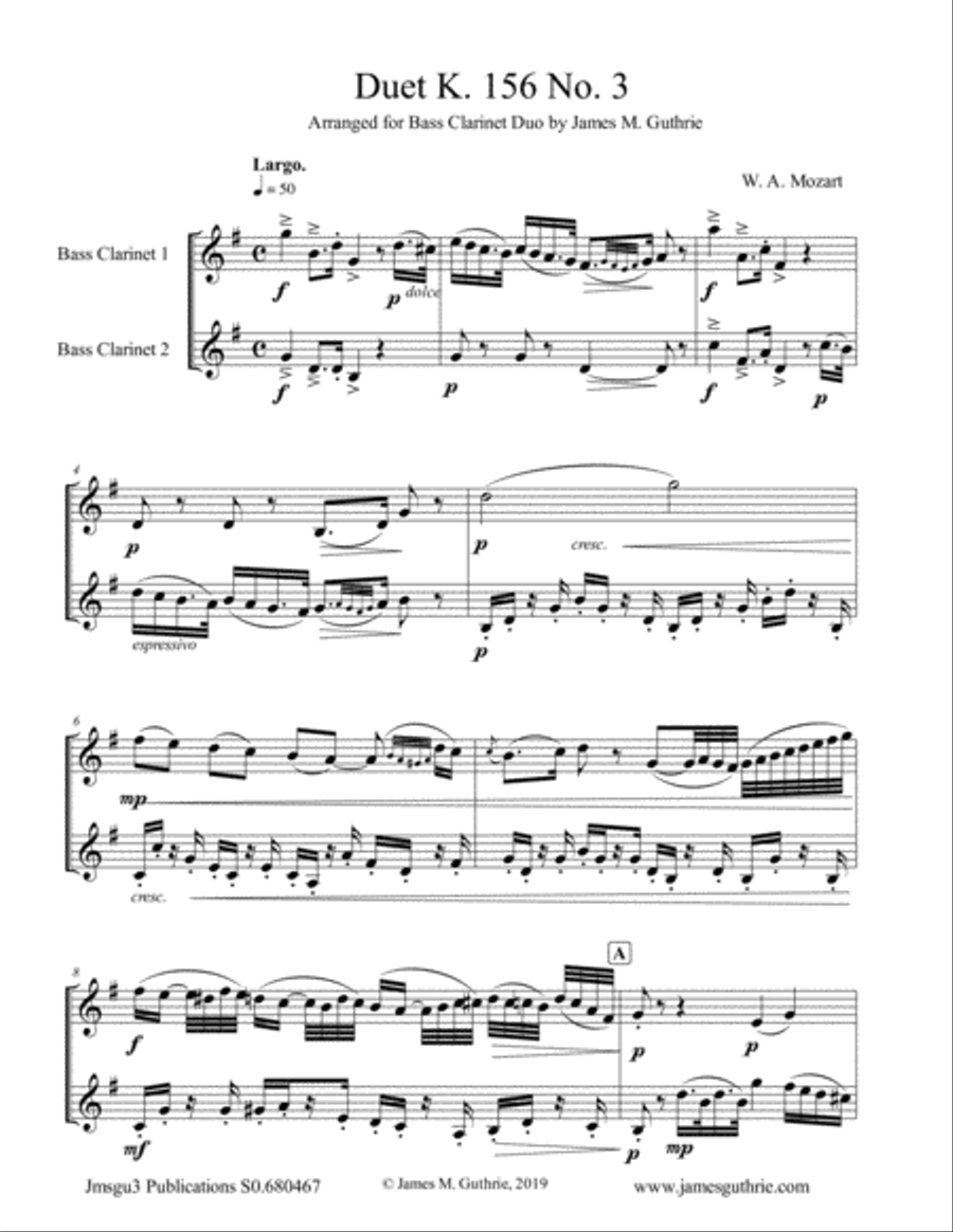 Mozart: Duet K. 156 No. 3 for Bass Clarinet Duo Mozart: Duet K. 156 No. 3 for Bass Clarinet Duo Clarinet Duet scores gallery preview page 1