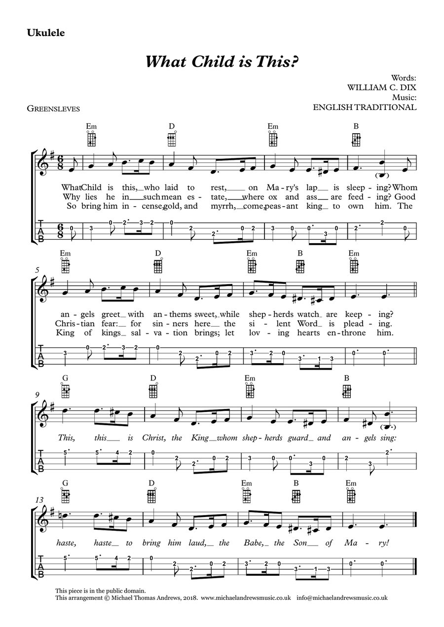 What Child is This? (for Ukulele with TAB) Ukulele scores gallery preview page 1