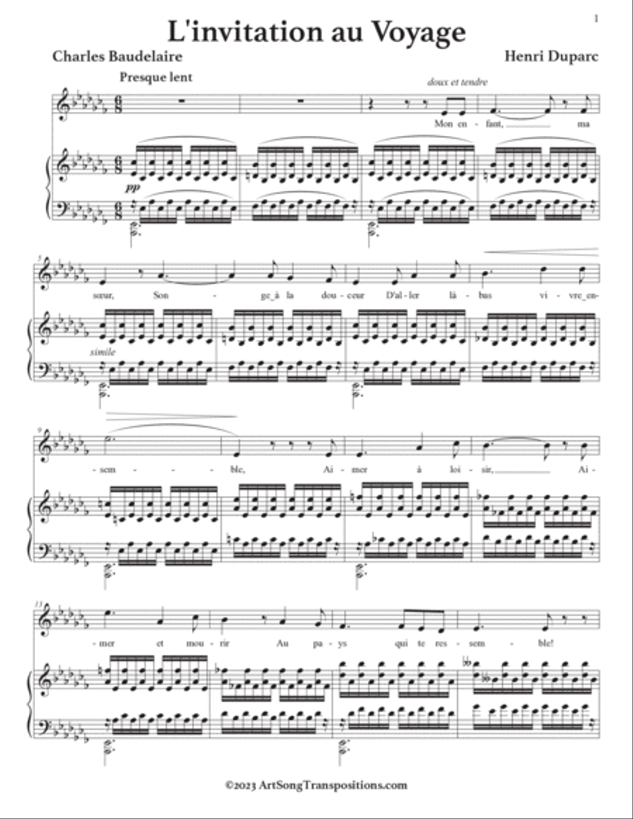 DUPARC: L'invitation au Voyage (transposed to A-flat minor) Voice scores gallery preview page 2