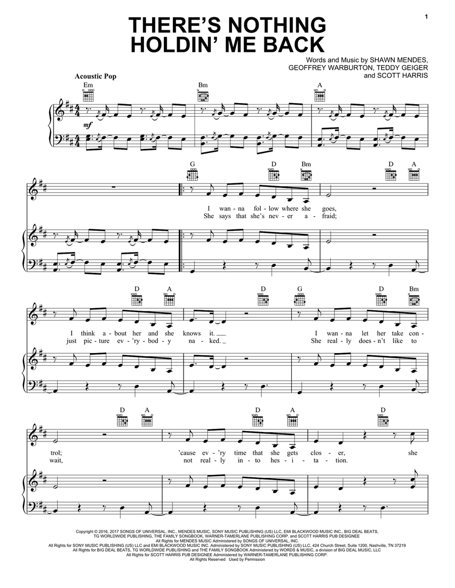 There's Nothing Holdin' Me Back Piano, Vocal, Guitar scores gallery preview page 1