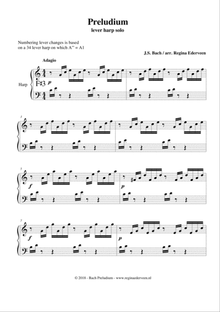 Preludium (Bach) - lever harp solo Celtic Harp scores gallery preview page 1