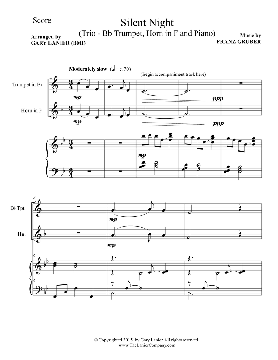 Gary Lanier: SILENT NIGHT (Trio – Bb Trumpet, Horn in F & Piano with Score & Parts) Brass Trio scores gallery preview page 2