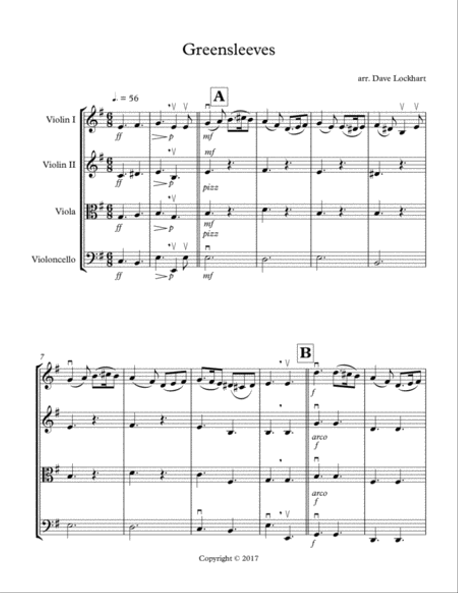 Greensleeves Easy String Quartet Arrangement String Quartet scores gallery preview page 1