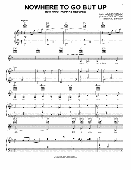 Nowhere To Go But Up (from Mary Poppins Returns) Piano, Vocal, Guitar - Digital Sheet Music
