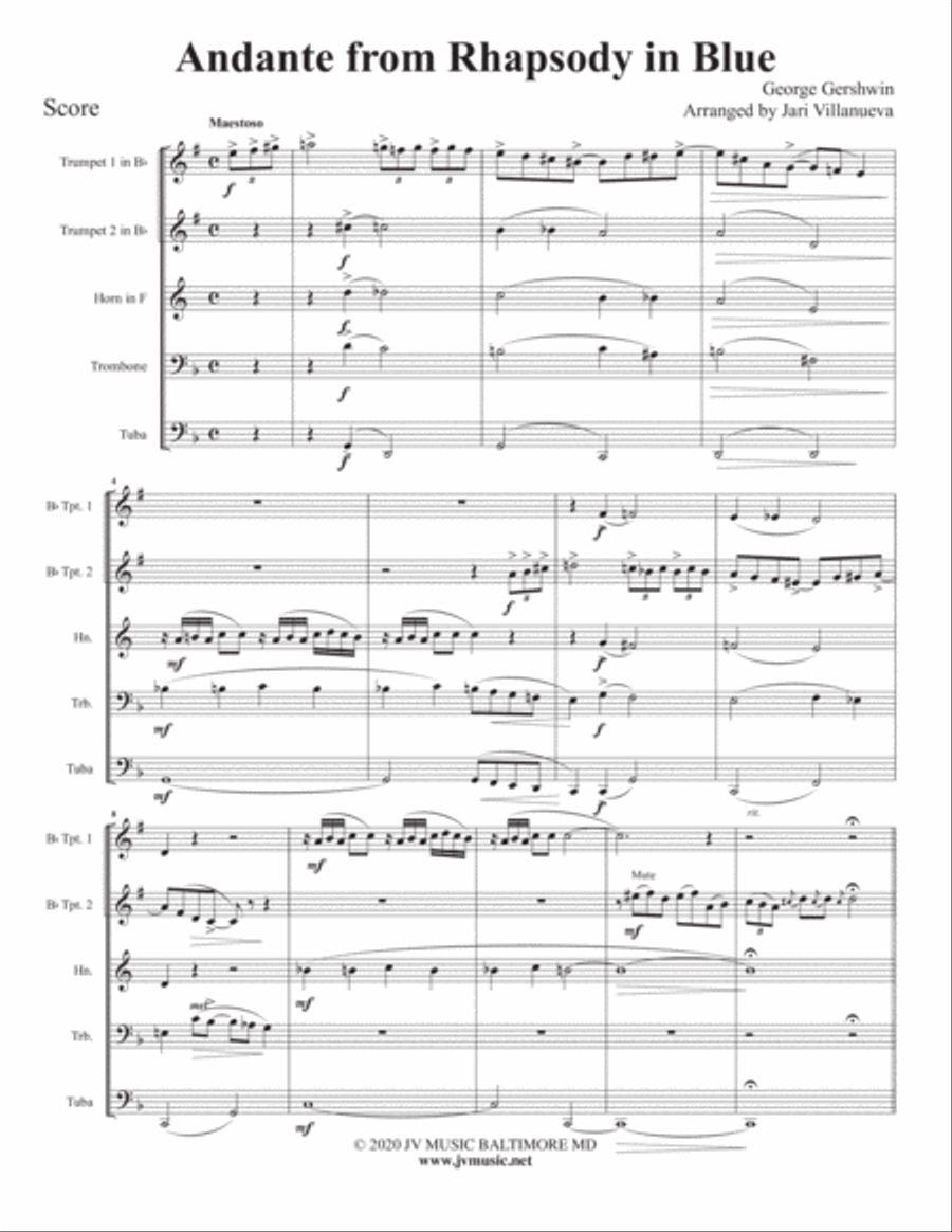 Andante from Rhapsody in Blue for Brass Quintet Brass Quintet scores gallery preview page 2