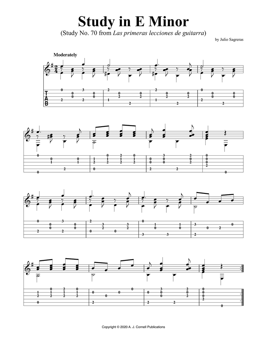 Study in E Minor (Study No. 70 from Las primeras lecciones de guitarra) Guitar Tablature scores gallery preview page 1