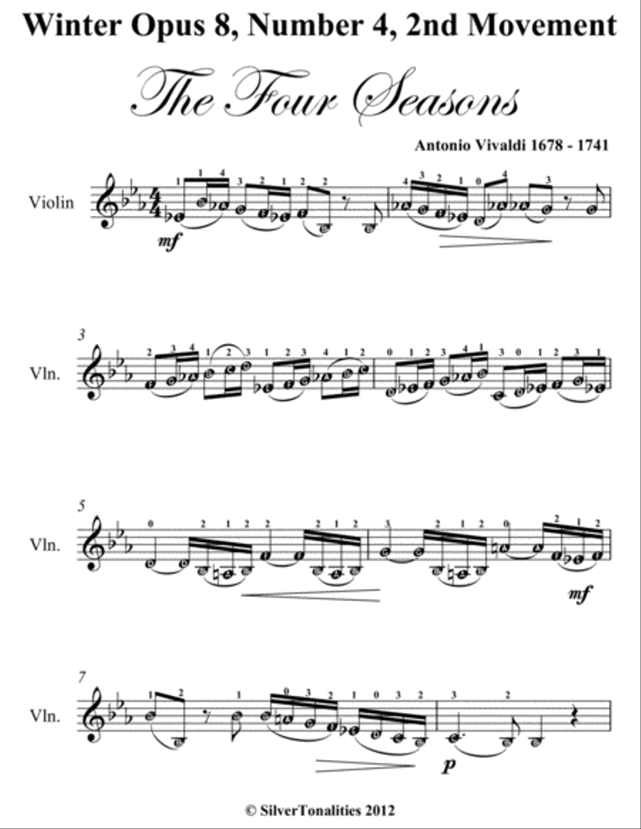 Winter Opus 8 Number 4 2nd Movement the Four Seasons Easy Violin Sheet Music Violin Solo scores gallery preview page 2