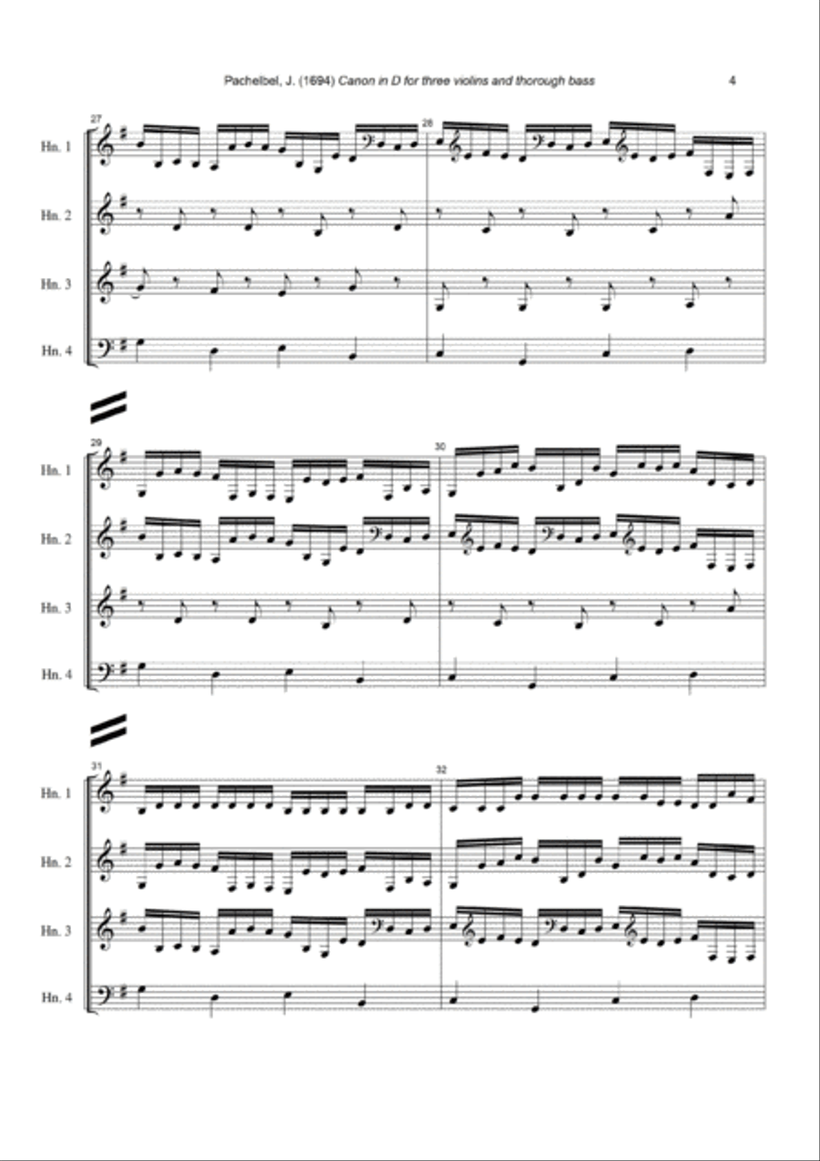 J. Pachelbel - Canon in D-dur, arr. for Horn Quartet (or 3 Horns & Bass Instrument) Brass Ensemble scores gallery preview page 4