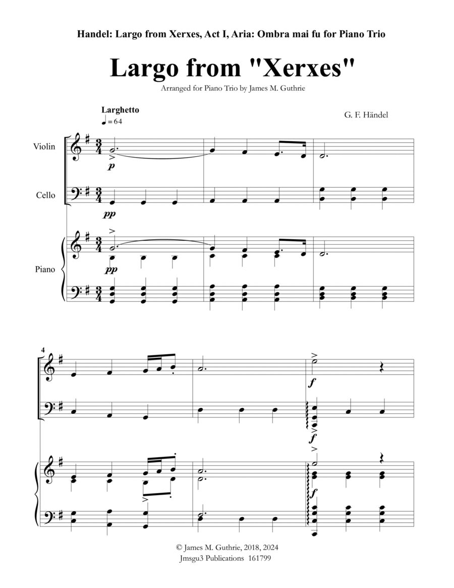 Handel: Largo from Xerxes for Piano Trio Piano Trio scores gallery preview page 1