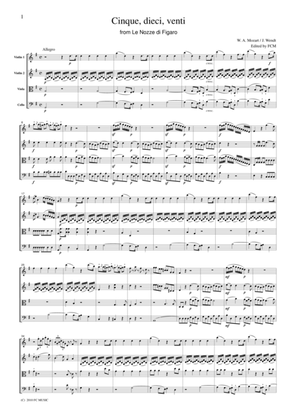 Book cover for Mozart Cinque, dieci, venti from Le Nozze di Figaro, for string quartet, CM022