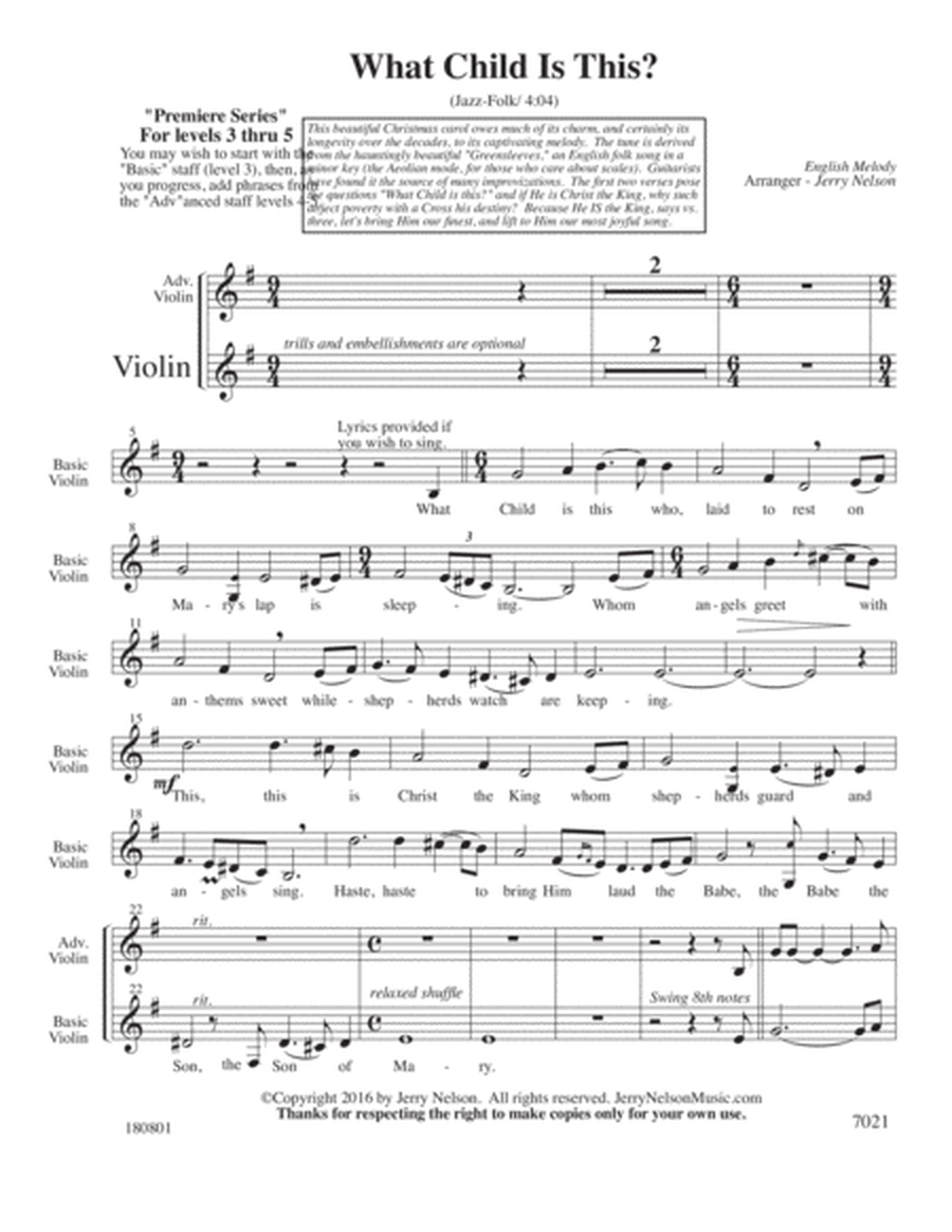 What Child Is This?-v2 (Arrangements Level 3-5 for VIOLIN + Written Acc) image number null