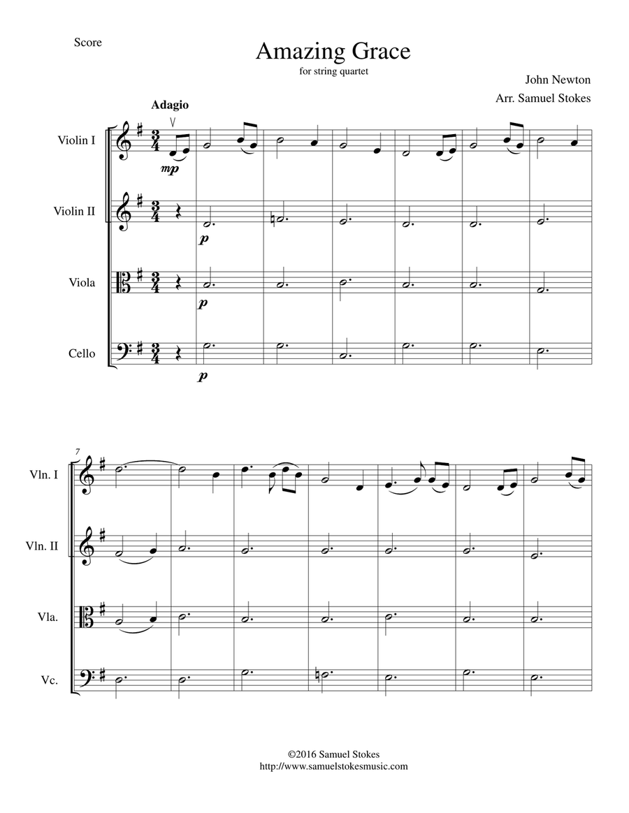 Amazing Grace - for string quartet String Quartet scores gallery preview page 1