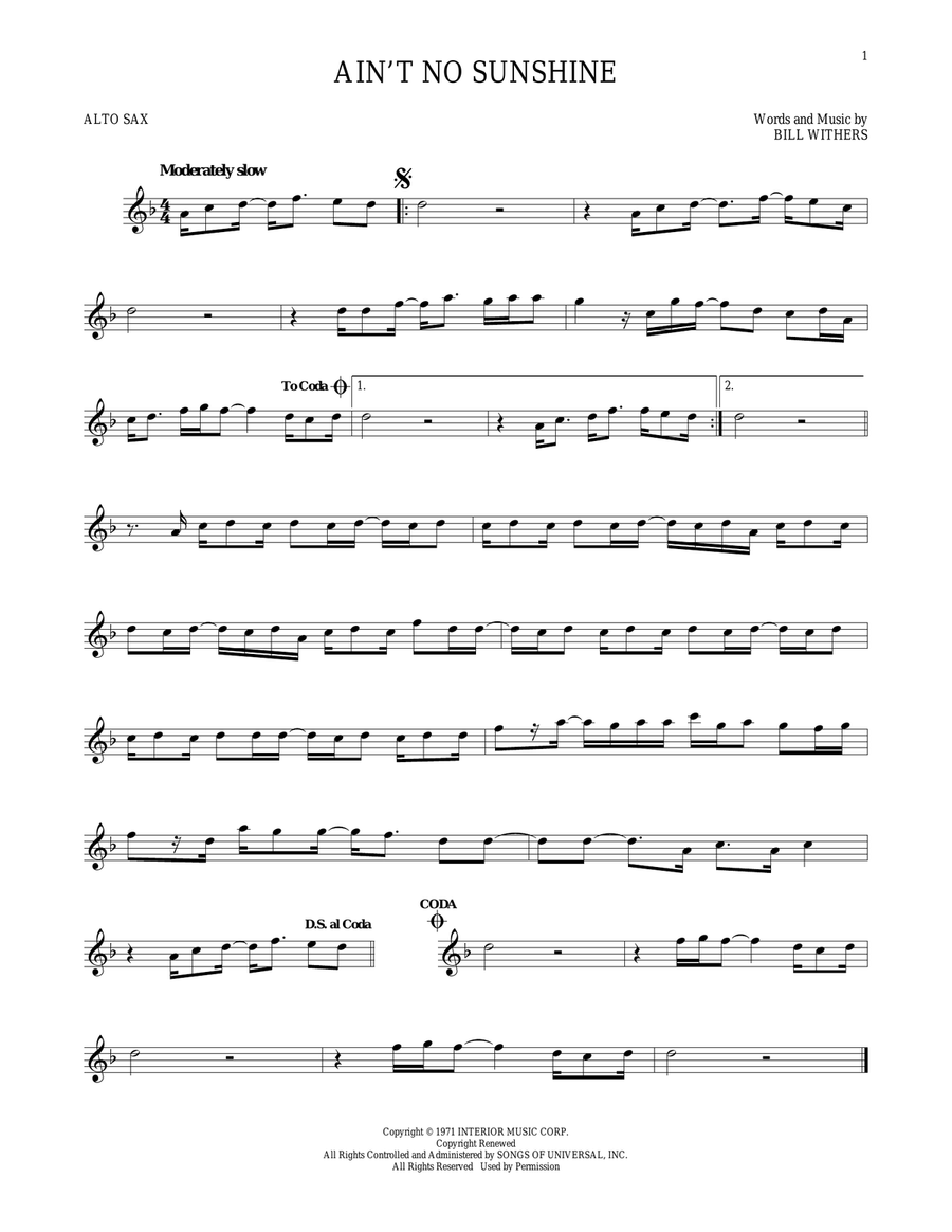 Ain't No Sunshine Ain't No Sunshine Alto Saxophone scores gallery preview page 1