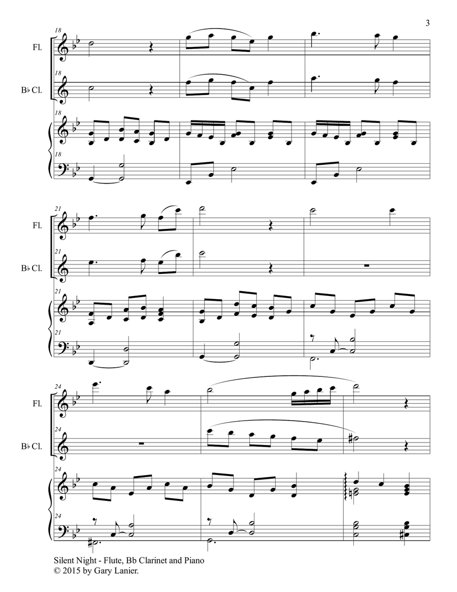 Gary Lanier: SILENT NIGHT (Trio – Flute, Bb Clarinet & Piano with Score & Parts) Small Ensemble scores gallery preview page 4