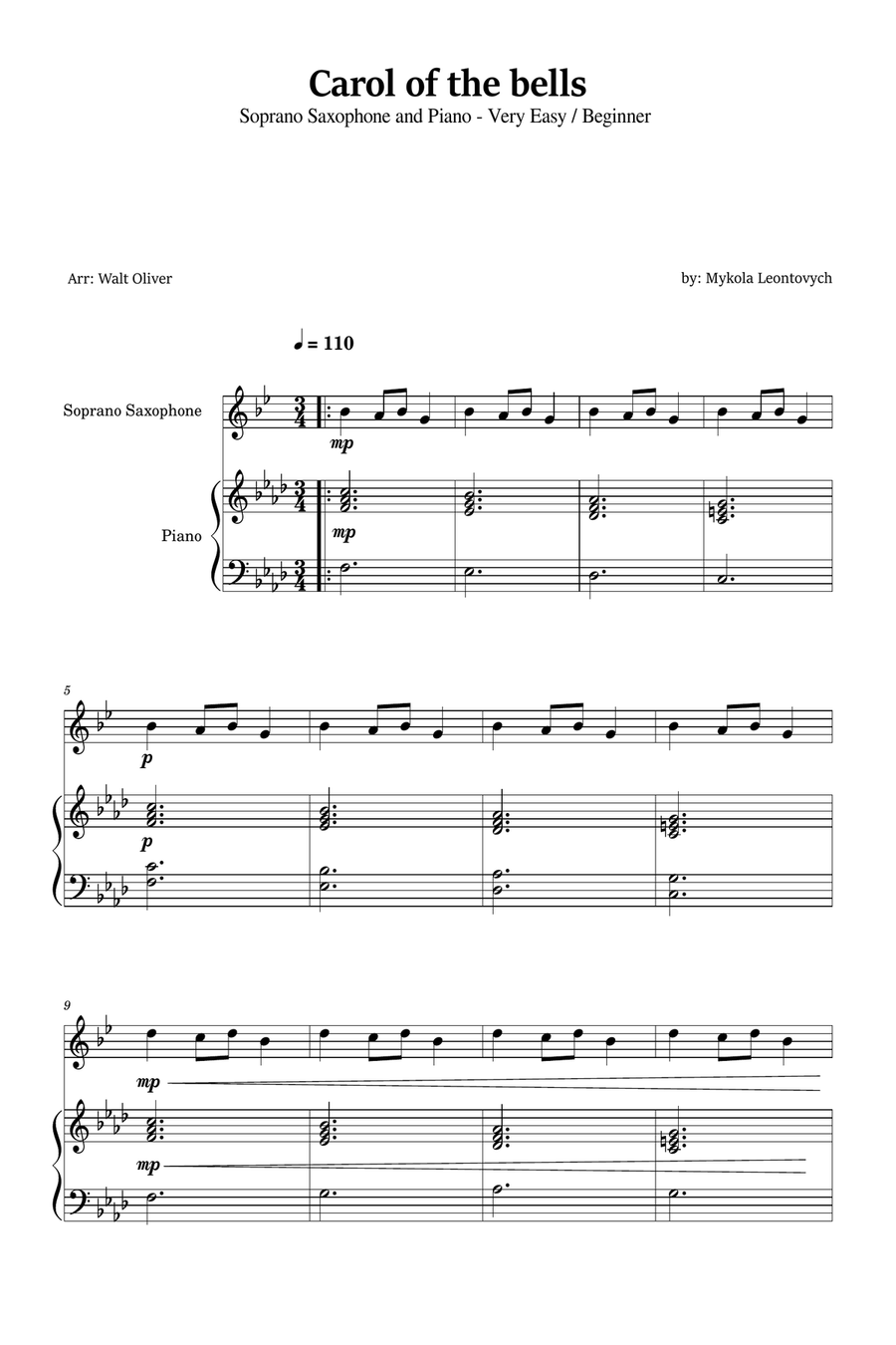 Carol of the Bells for Soprano Saxophone and Piano (Very Easy - Beginner) in F minor Soprano Saxophone scores gallery preview page 1