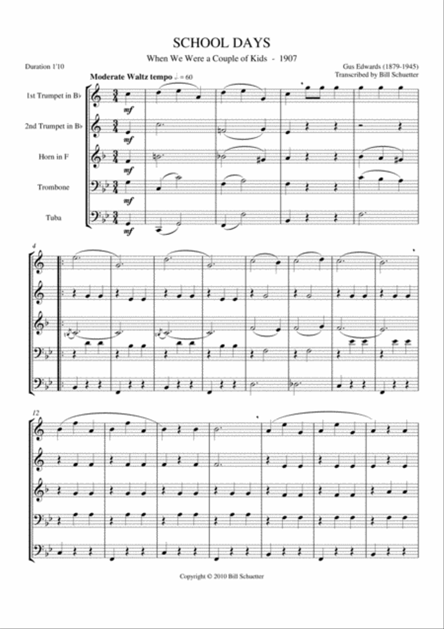 School Days (When We Were A Couple of Kids) Brass Quintet scores gallery preview page 1