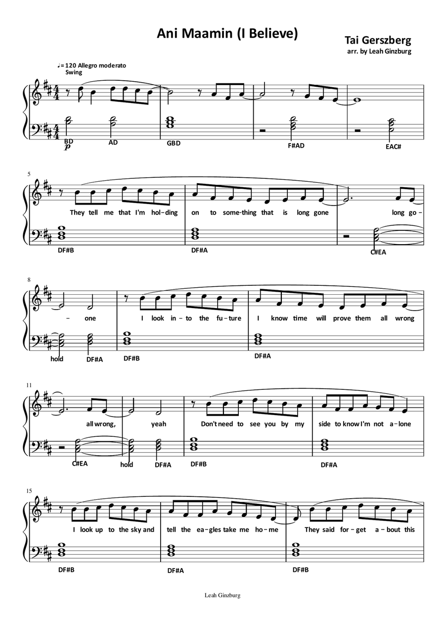 Ani Maamin (I Believe) by Tai Piano Solo scores gallery preview page 1