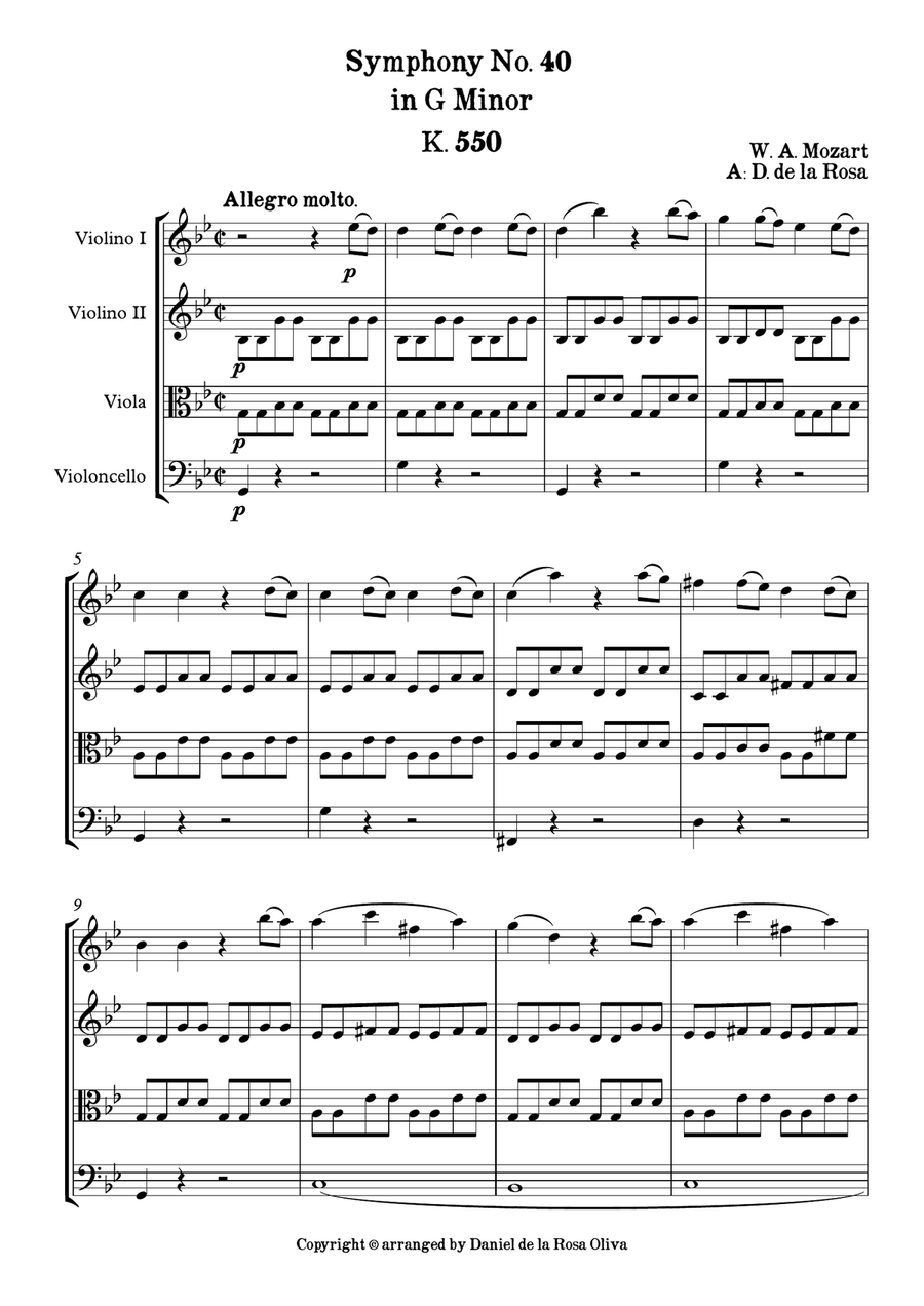 Symphony No. 40 in G minor k. 550 - I. Allegro Molto - W. A. Mozart - For String Quartet (Full Score String Quartet scores gallery preview page 2