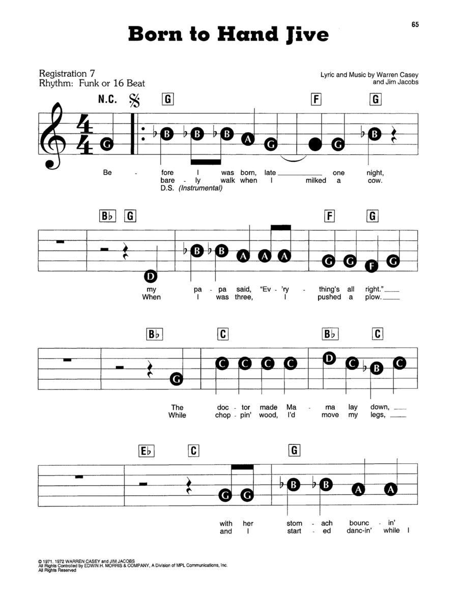 Born To Hand Jive (from Grease) Electronic Keyboard scores gallery preview page 1