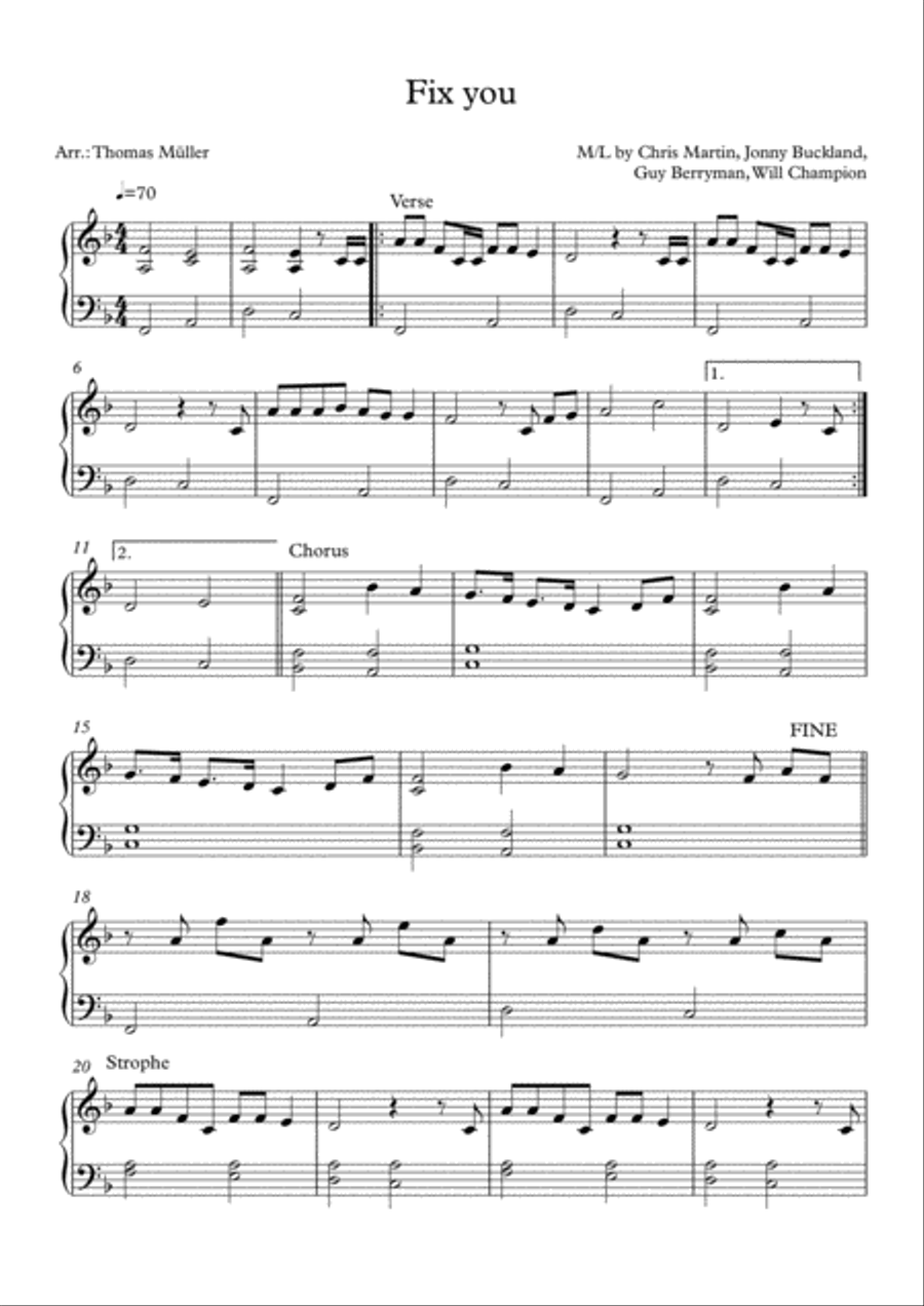 Fix You Easy Piano scores gallery preview page 1