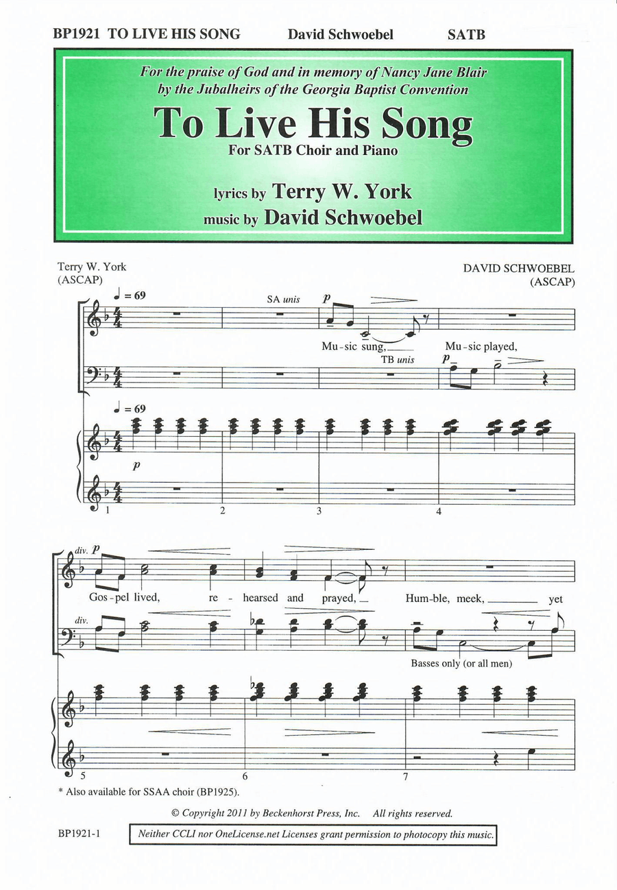 To Live His Song (SATB) image number null