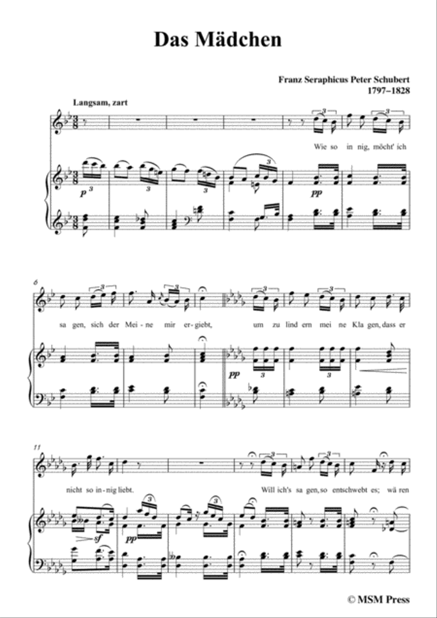 Schubert-Das Mädchen,in B flat Major,for Voice&Piano Voice scores gallery preview page 3