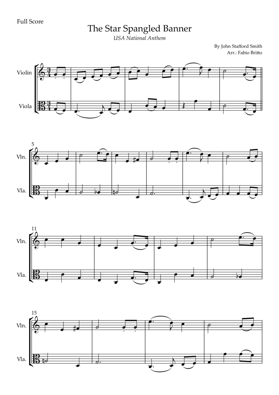 The Star Spangled Banner (USA National Anthem) for Violin & Viola Duo The Star Spangled Banner (USA National Anthem) for Violin & Viola Duo String Duet scores gallery preview page 1
