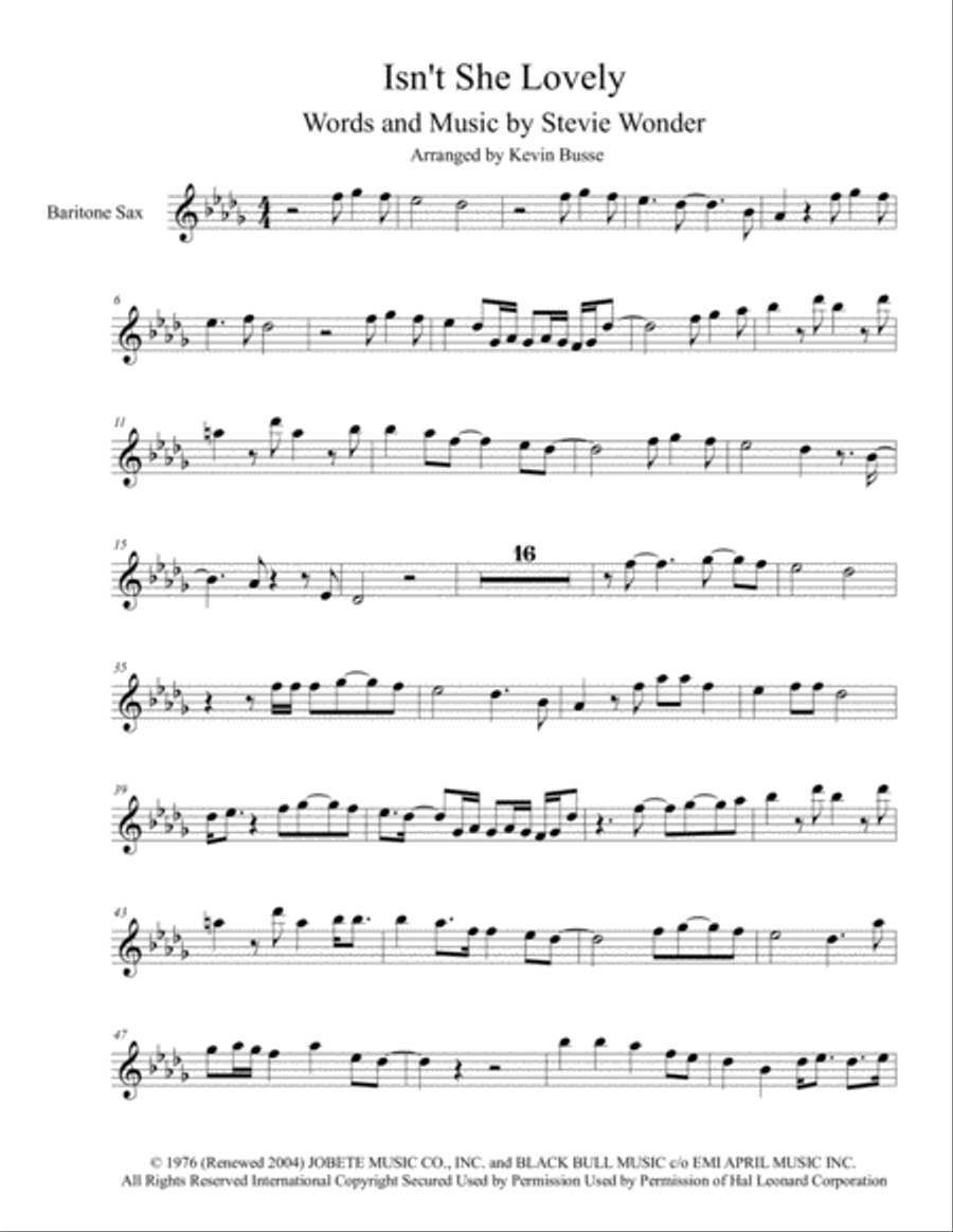 Isn't She Lovely Baritone Saxophone scores gallery preview page 1
