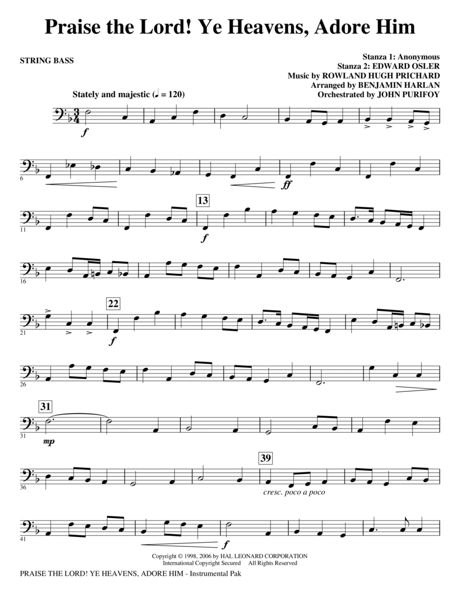 Praise The Lord! Ye Heavens, Adore Him - String Bass Choir scores gallery preview page 1