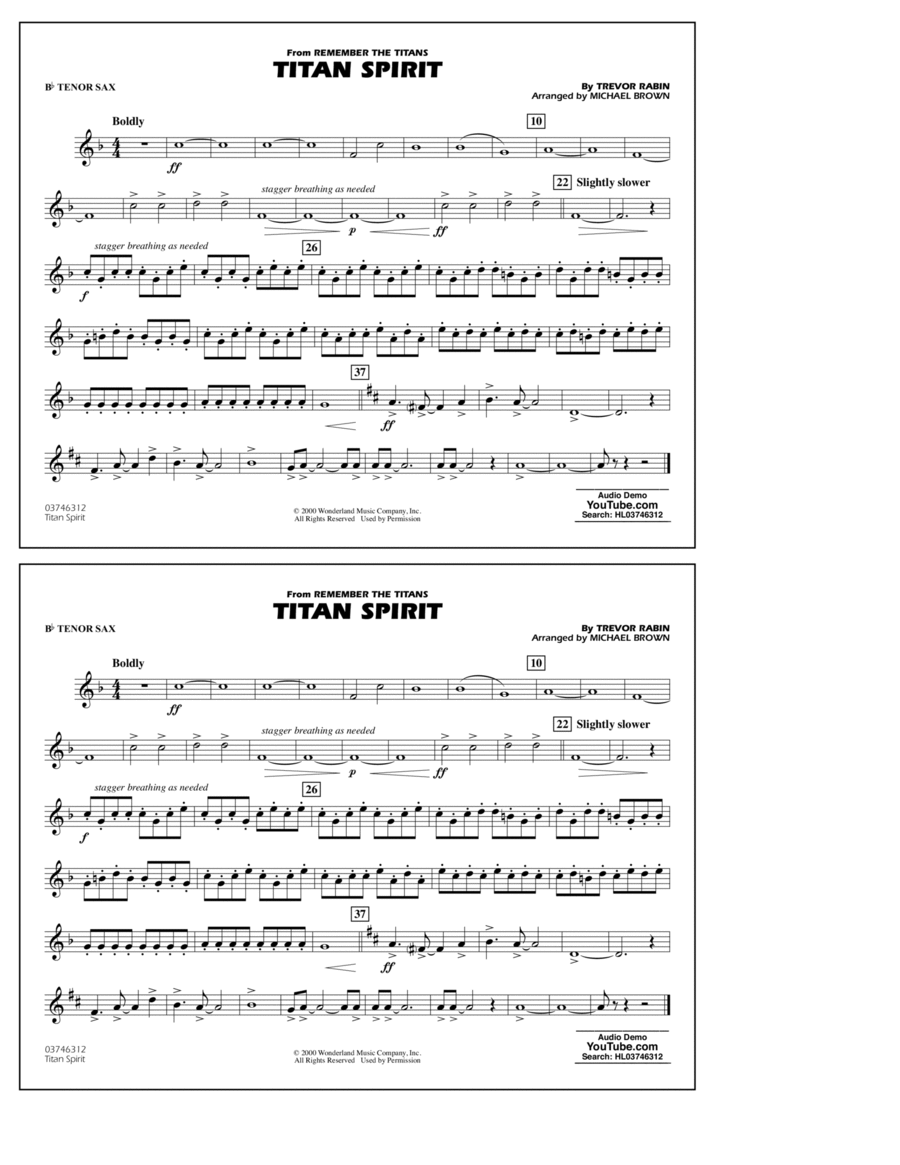 Titan Spirit (from Remember the Titans) (arr. Michael Brown) - Bb Tenor Sax Tenor Saxophone scores gallery preview page 1