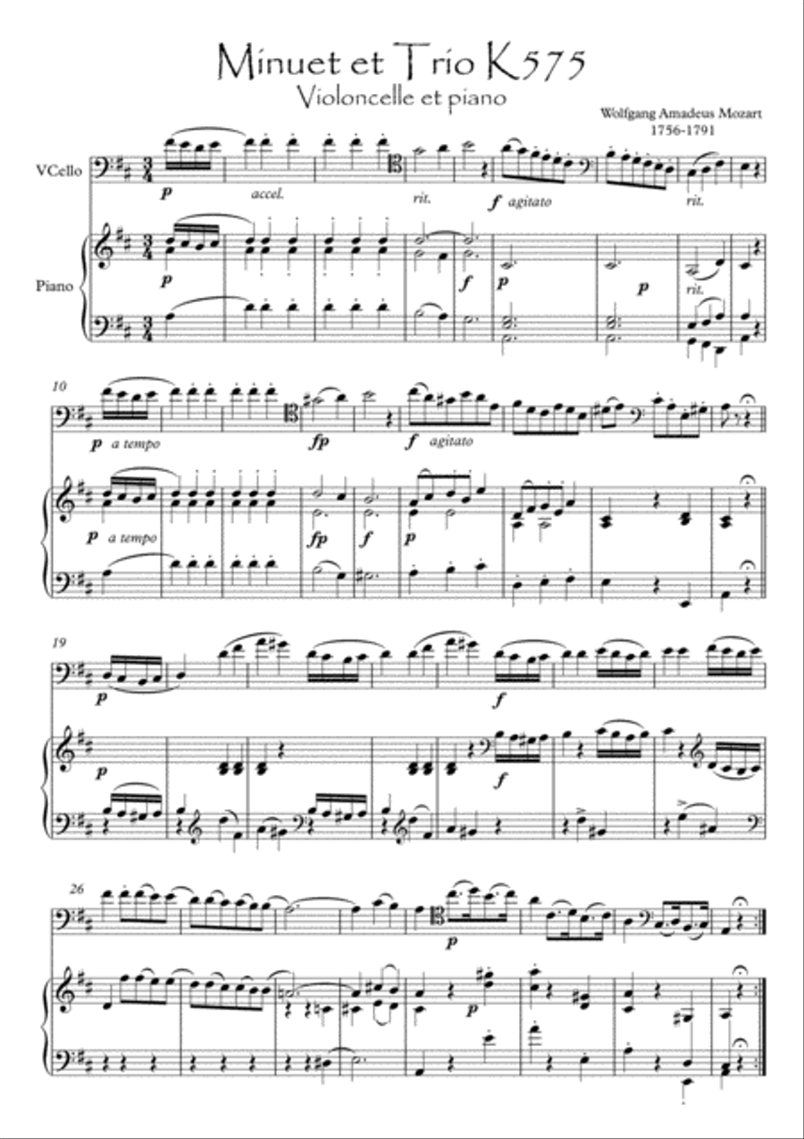 Minuet K575 Mozart Cello Piano duet Cello Solo scores gallery preview page 1