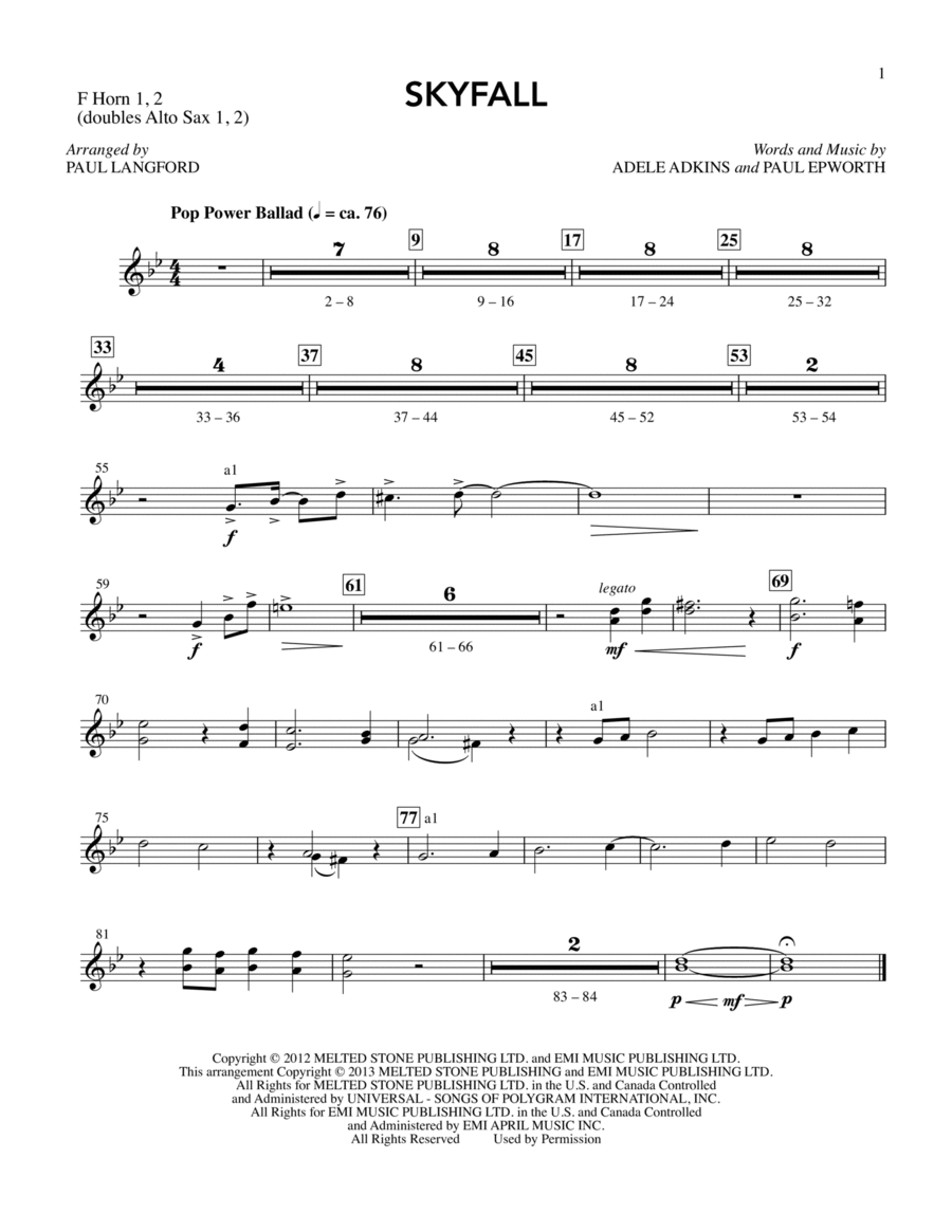 Skyfall (arr. Paul Langford) - F Horn 1 & 2 Choir scores gallery preview page 1