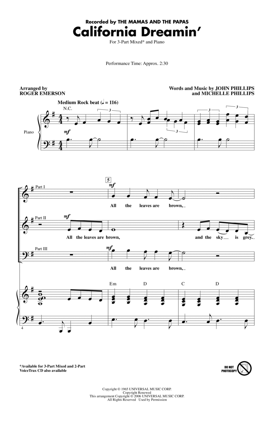 California Dreamin' (arr. Roger Emerson) 3-Part scores gallery preview page 1