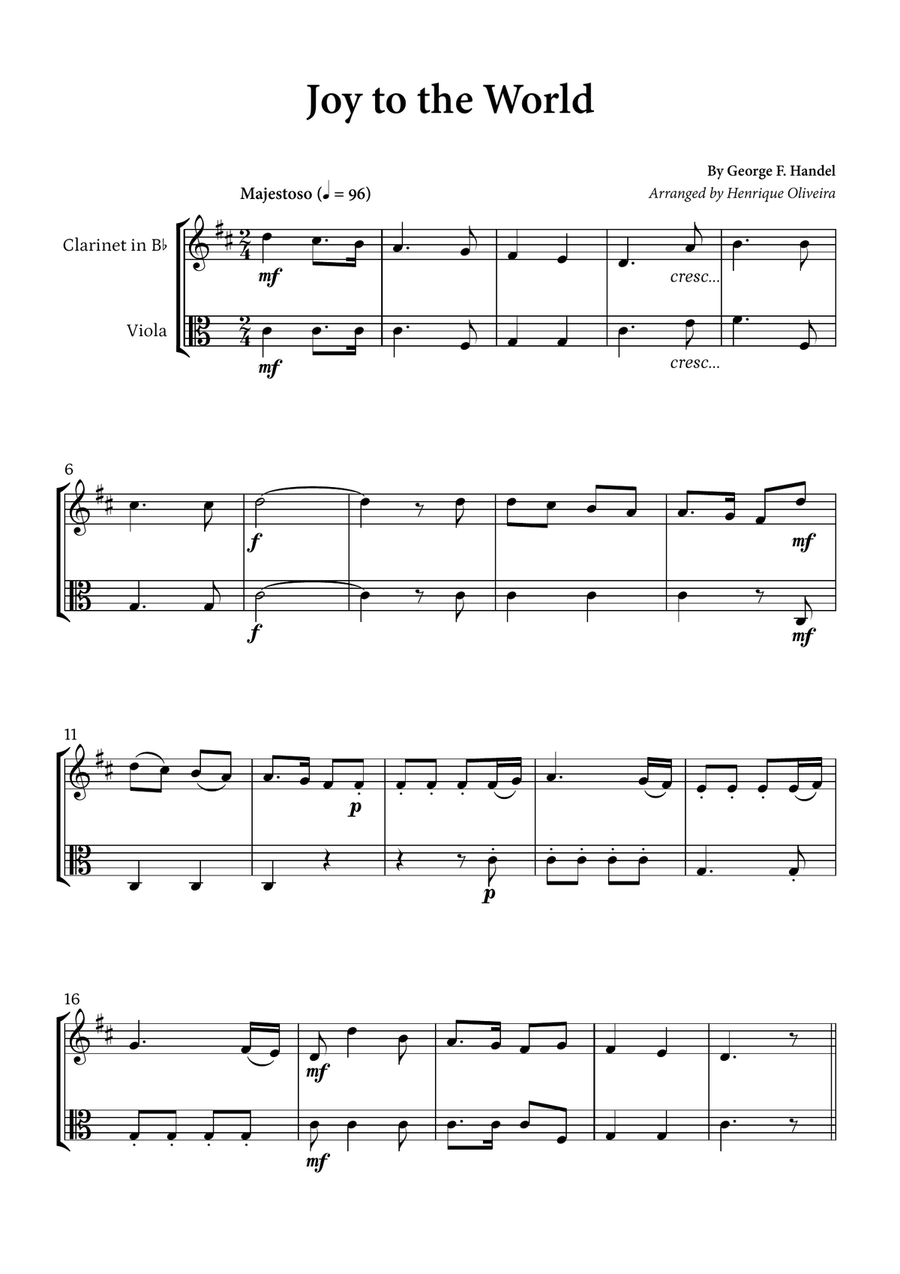 Joy to the World (Clarinet and Viola) - Christmas Carol B-Flat Clarinet scores gallery preview page 1